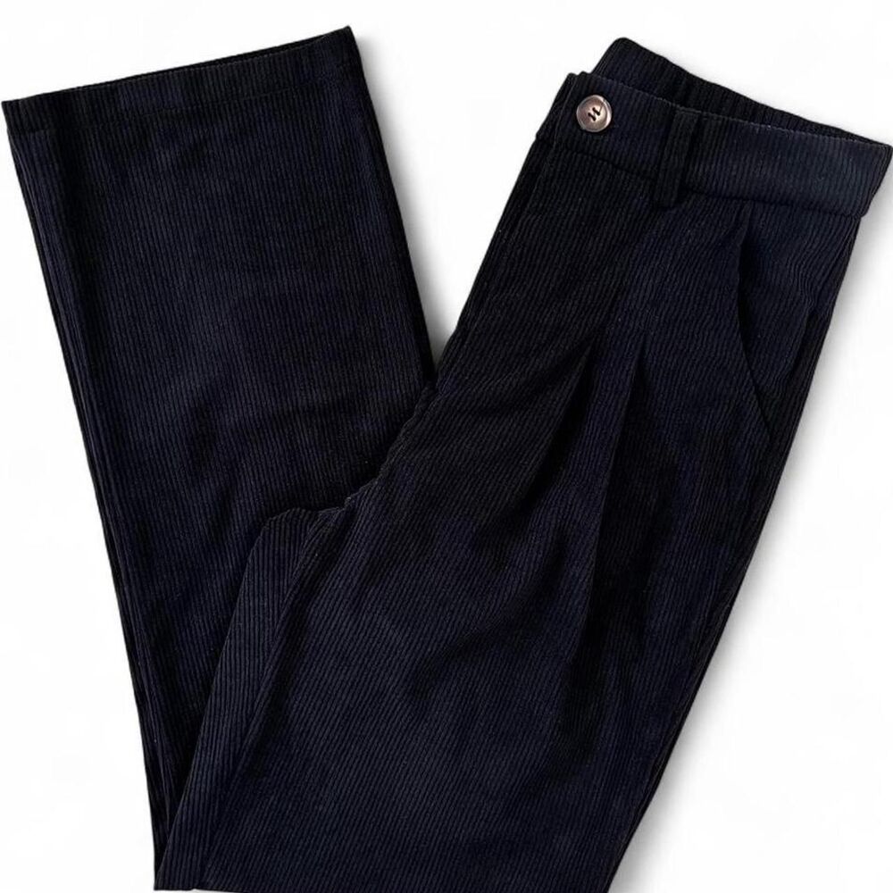 Black Corduroy Straight Leg Pants High Rise Pleated Women’s Medium - Picture 2 of 8